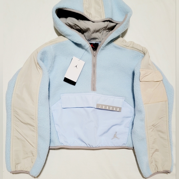 Nike Air Jordan Crop Cozy Fleece Hoodie Baby Blue/Grey Sz S Womem NWT - Picture 2 of 7